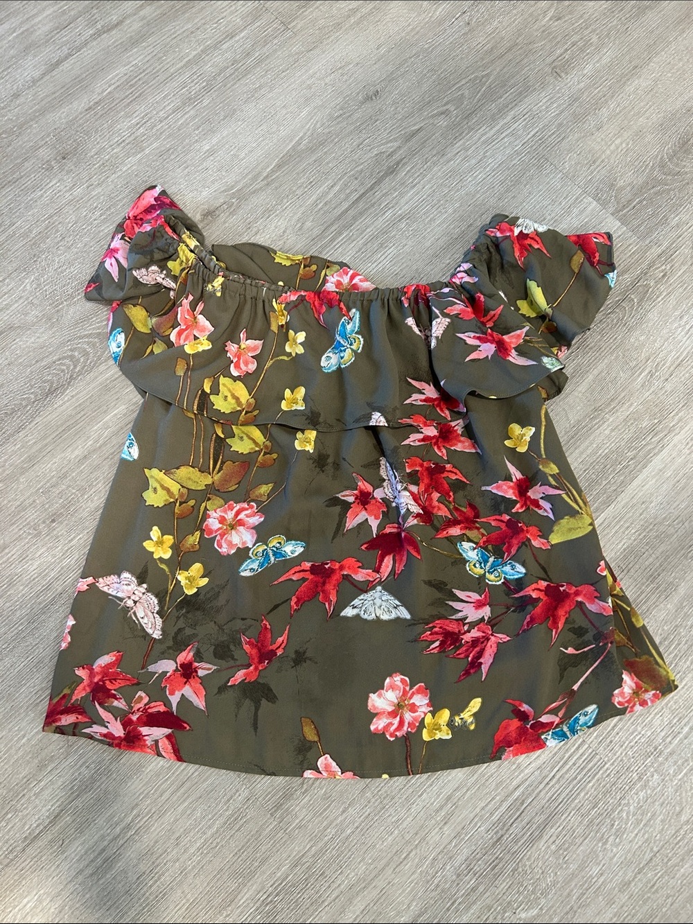Maeve Anthropology Olive Off-Shoulder Floral Tunic with Multicolor Blossoms